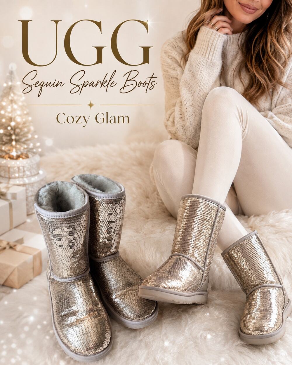 UGG Classic Short Sparkle Sequin Boots Champagne Gold Silver Y2K Women’s 6